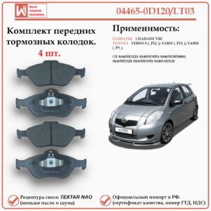 Колодки тормозные передние для Тойота Ярис, Версо WII AUTO 04465-0D120/LT036